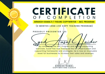 AKC Program certificate of completion for Syed Ausaf Haider, signed by Armash Kamal